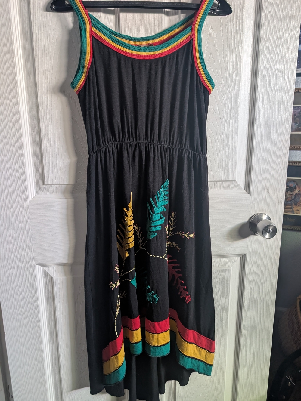 Black Sleeveless Dress with Colorful Trim and Embroidered Ferns
